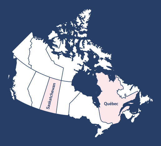 Carte du Canada avec le Québec et la Saskatchewan en surbrillance