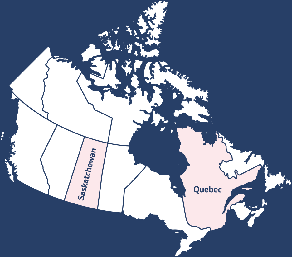 Map of canada with QUEBEC and SASKATCHEWAN highlighted